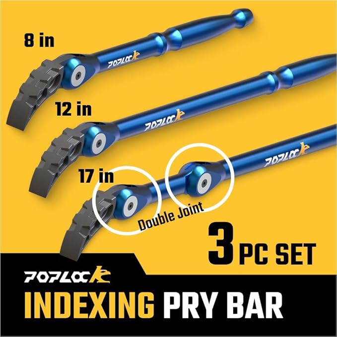 Poplock 3 Piece Indexing Pry Bar Set – Adjustable Automotive Pry Bars 8", 12" with 121 Positions Double Joint 17" | Heavy Duty Trim & Panel Removal Tool for Mechanics