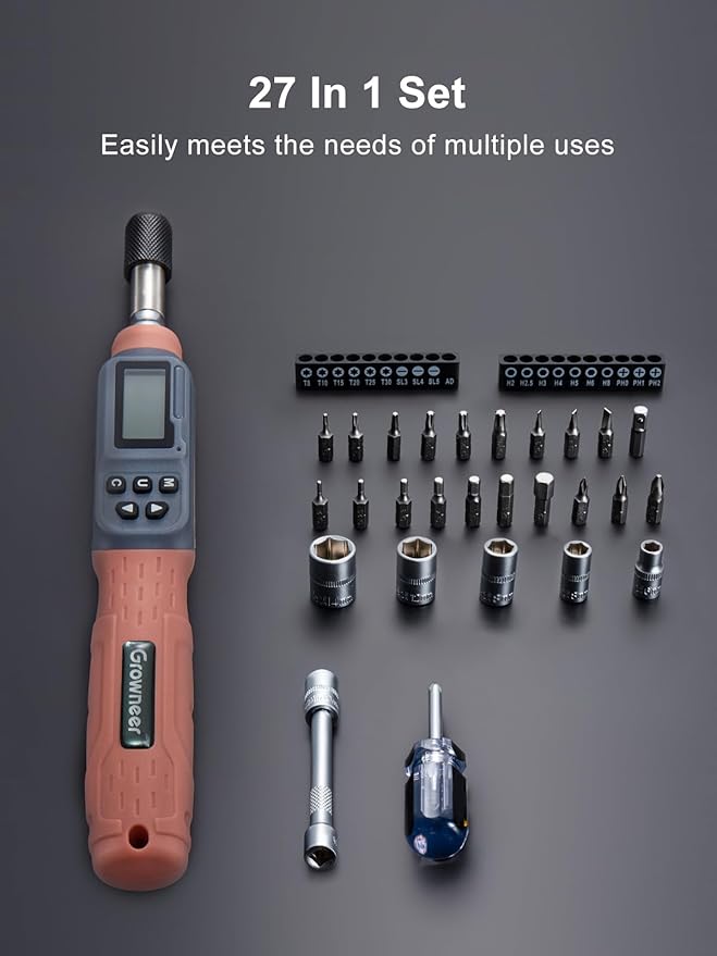 GROWNEER Digital Torque Screwdriver, 2.66-53.1 In-lbs/0.3-6 Nm, 1/4'' Drive Inch Pound Torque Screwdriver Electrician with Buzzer & LED Indicator, 27 In 1 Torque Wrench Screwdriver Set, Orange