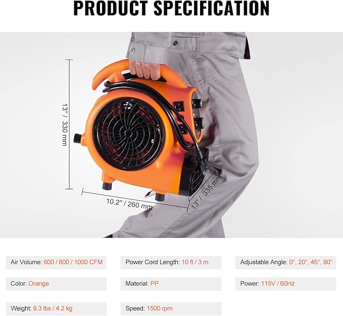 VEVOR Air Mover, 1/4 HP 1000 CFM Carpet Dryer for Cooling and Ventilating, Portable Floor Blower Fan with 4 Blowing Angles and Time Function, for Janitorial, Home, Commercial Use