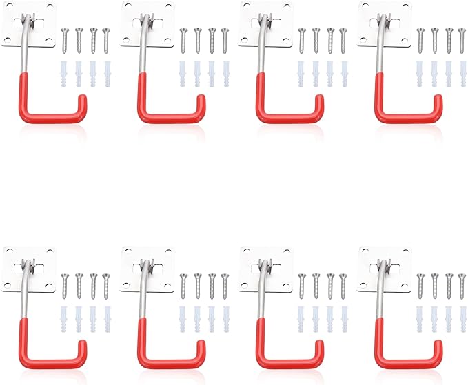HAISHINE Garage Hooks, 8 Pack Adjustable Hooks for Wall Storage, Stainless Steel Heavy-Duty Utility Hooks with Anti-Slip Coating Organizing for Chainsaws, Bike, Garden Tools(Screws and Dowels Include)