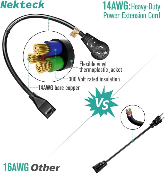 Nekteck 360° Rotating Flat Plug Extension Cord 1 Foot, 14AWG 3 Prong Extension Cord, Low Profile Right Angle Power Cord, Flat Extension Cord Grounded Wire, 15A - UL Certified, Black