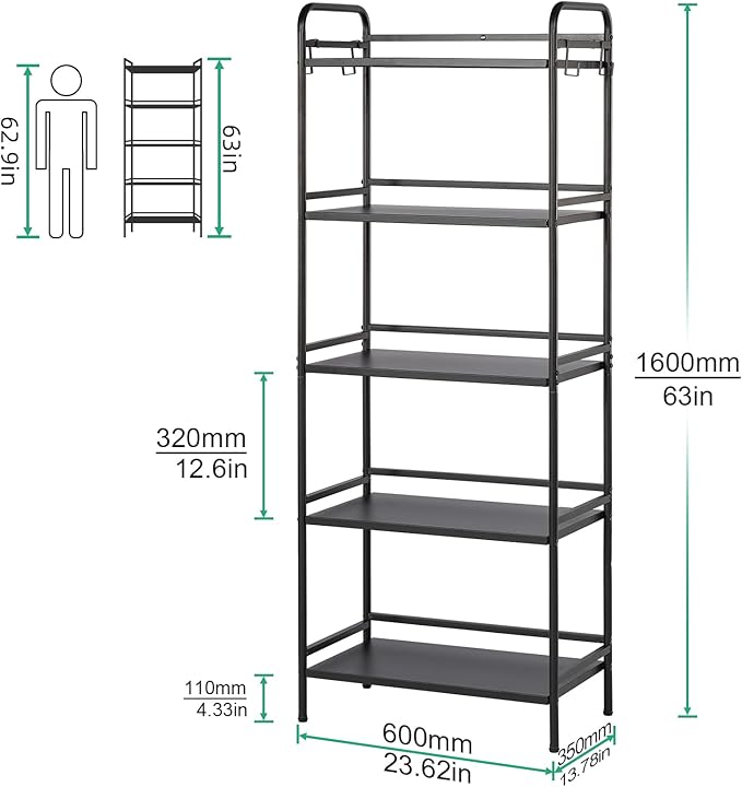 HDANI Storage Shelves, 5-Tier Metal Storage Rack with Shelf,Shelf Organizer,Garage Standing Shelving Unit for Laundry,Bathroom,Kitchen,Pantry, Closet,23.6''W X 13.8''D X 63''H,Black