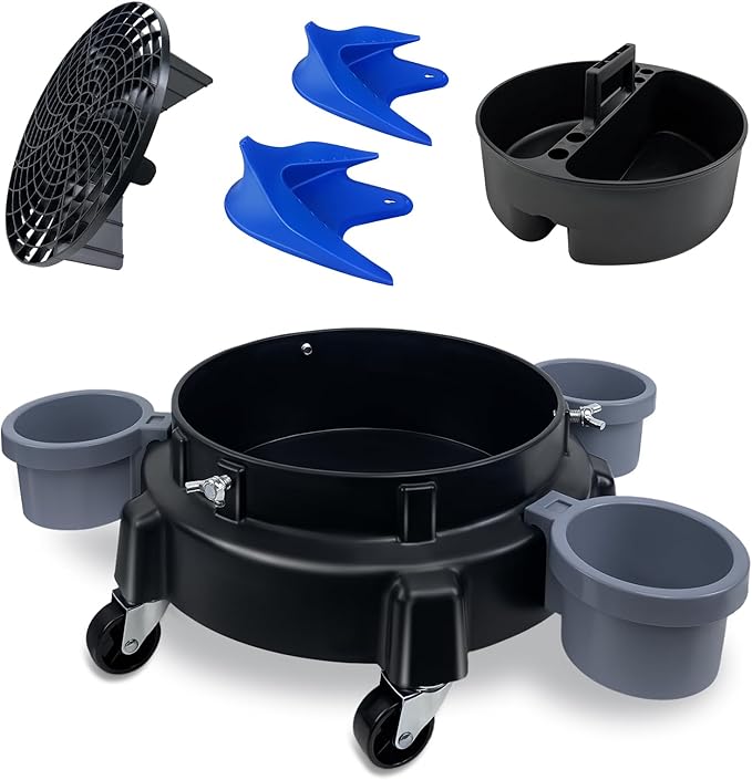 ROBLOCK 5 Gallon Bucket Dolly Roller with Dirt and Grit Traps Insert, Car Hose Guide, Bucket Tool Organizer, 3 Removable Bottle Holders, 5-in-1 Car Wash Kit for Cleaning Detailing Carrying