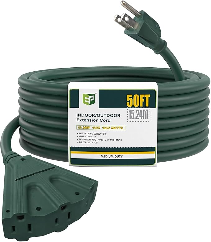 EP 50 Ft Outdoor Extension Cord with 3 Electrical Power Outlets - 16/3 SJTW Green Cable with 3 Prong Grounded Plug for Safety Great for Christmas Lights, Garden and Major Appliances