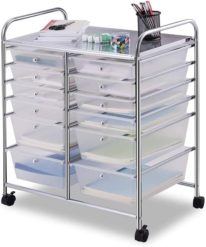 12-Drawer Rolling Storage Cart, Utility Cart Storage Shelves with 4 Universal Wheels, Tools Scrapbook Paper Organizer, Ideal for Home Kitchen Office Organizing (Transparent)