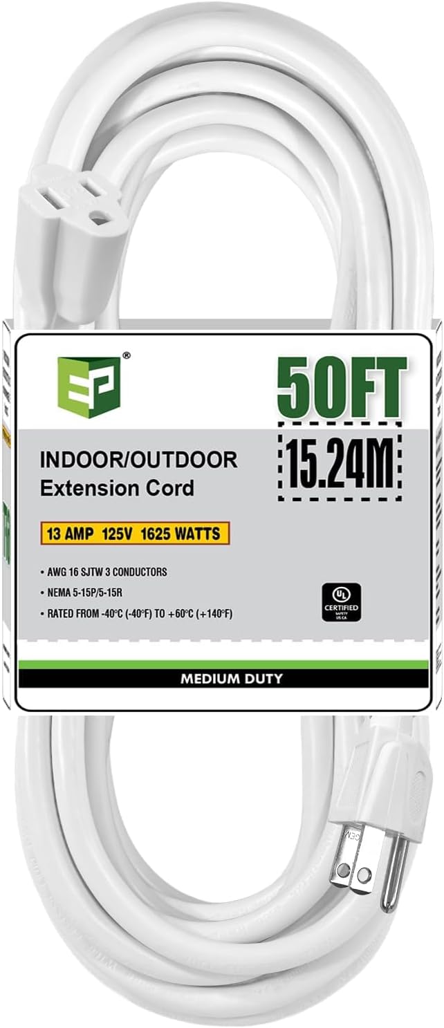 EP 50 Ft Outdoor Extension Cord - 16/3 SJTW White Electrical Cable with 3 Prong Grounded Plug, UL Listed
