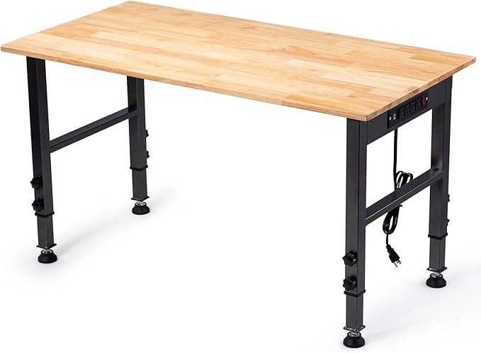 48" Height Adjustable Workbench, 2000 LBS Load Capacity Rubber Wood Top Workstation with Power Outlet and Foot Pads, Heavy-Duty Hardwood Worktable for Garage Workshop (with Foot Pads and Socket,48'')