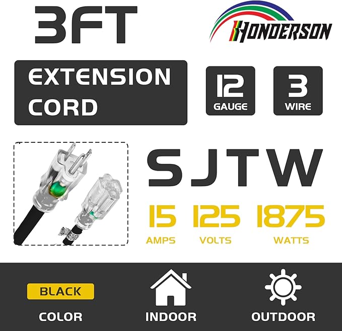 Extension Cord Weatherproof with Lighted End, UL Listed, 12 Gauge 3FT Black 3 Prong Heavy Duty, 12/3 SJTW 15A Power Cord for Lights, Lawn