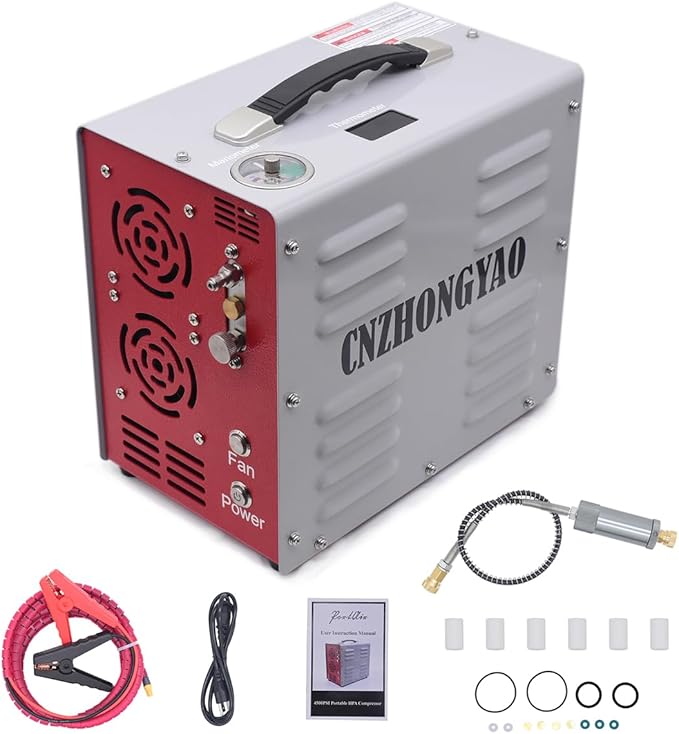 PORTAIR 4500PSI Portable HPA Compressor,Auto-Stop, Oil/Water-Free, Built-in Power Converter PCP Air Compressor for Air Rifle, Scuba Tank, Powered by Car Battery 12V DC or Home 110V AC (Grey)