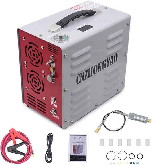 PORTAIR 4500PSI Portable HPA Compressor,Auto-Stop, Oil/Water-Free, Built-in Power Converter PCP Air Compressor for Air Rifle, Scuba Tank, Powered by Car Battery 12V DC or Home 110V AC (Grey)