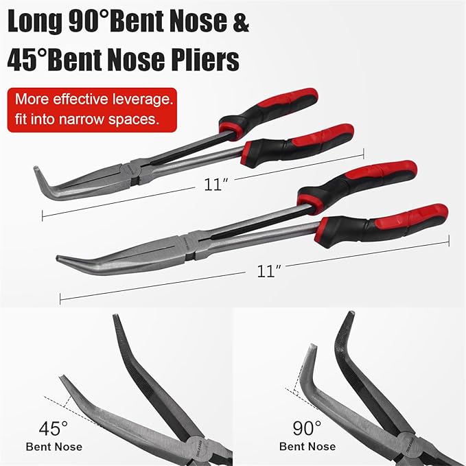 TOOLEAGUE 4Pcs Extra Long Needle Nose Pliers Set,11" Long Reach Straight,45/90 Degree Bent Nose,Diagonal Pliers Craft Repairing Tool