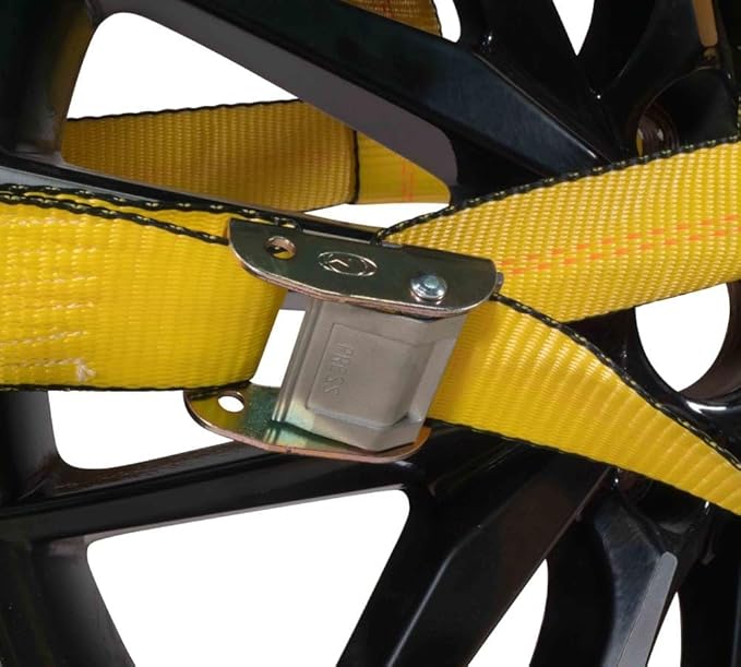 Mytee Products 4 Pack 2" x 120" Yellow Side Mount Wheel Tie Down Strap with Flat Hook & Dual Ratchet – 3,333 lbs WLL Wheel Net Fits 14–17" Tires, Heavy Duty Vehicle Tie Down Strap for Car Hauling