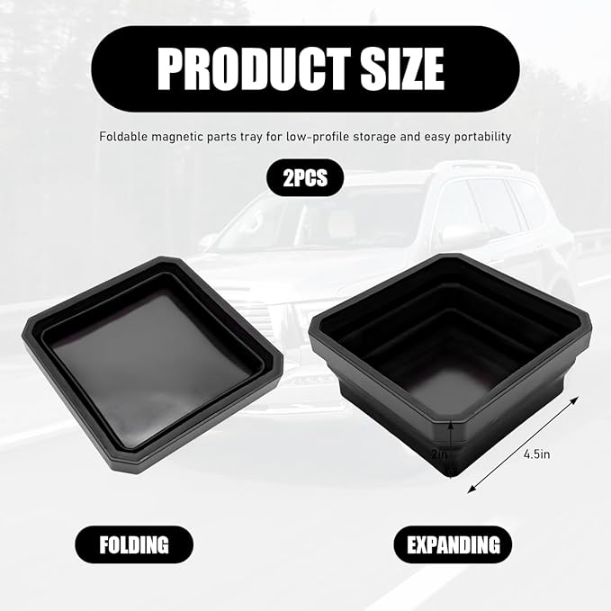2PCS Collapsible Magnetic Parts Tray, 4.5" Square Silicone Tool Tray with Double-Sided Magnetic Base, Foldable Bowls Small Metal Parts Holder for Screws Bolts Nuts Washers (Black)