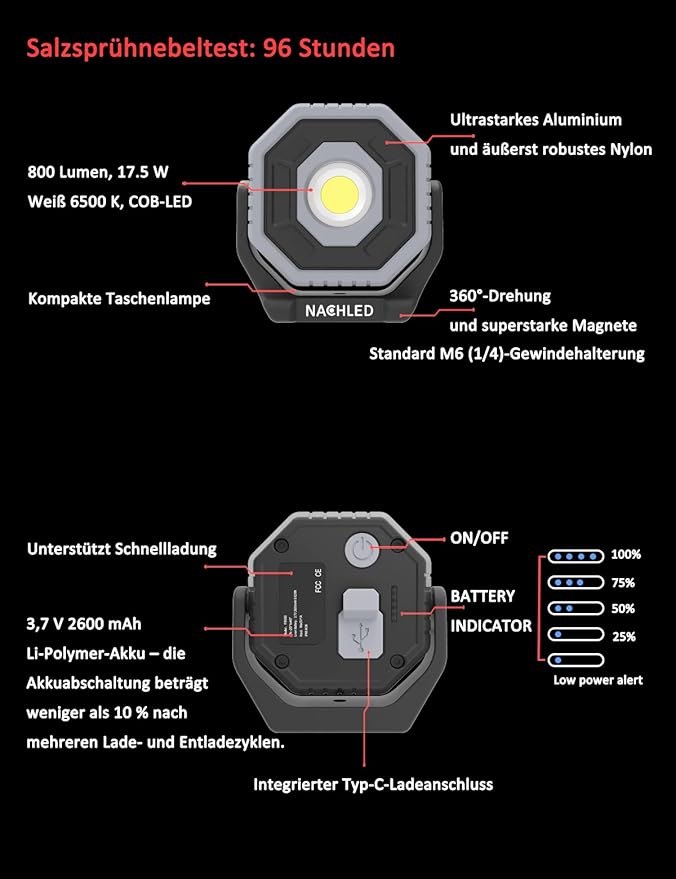 Work Light，800lm Pocket Mechanic Light，Type-C Rechargeable 2600mAh, 360° Rotating Magnetic Stand, IP65,for Car Repair,DIY & Maintenance(Gray)