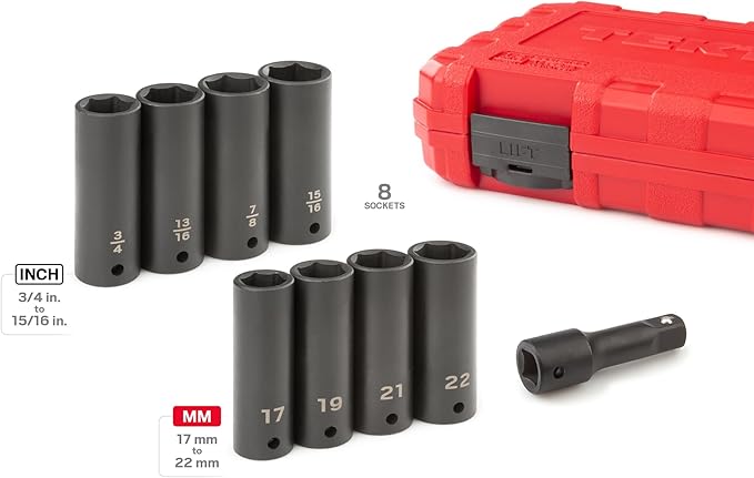 TEKTON 1/2 Inch Drive Deep Impact Lug Nut Socket Set with Case, 9-Piece (3/4-15/16 in., 17-22 mm) | SID92415