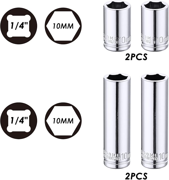 MIXPOWER 4PCS 1/4"Drive 10mm Deep&Shallow Socket, 6 Point, Cr-V Steel, 10mm