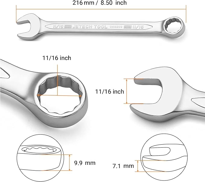 Jetech 11/16 Inch Combination Wrench, Industrial Grade Spanner with 12-Point 15-Degree Offset Chrome Vanadium Steel Forged Heat-Treated, SAE