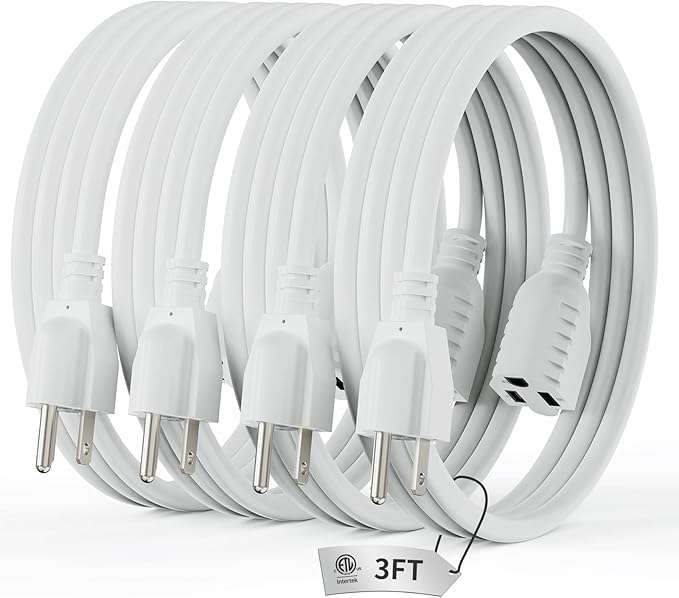 PLUGTUL 3 FT Extension Cord White, 4-Pack Short Power Cord, Indoor/Outdoor 16 Gauge 3 Prong Grounded Wire ETL Listed, 13A 1625W 125V SJTW