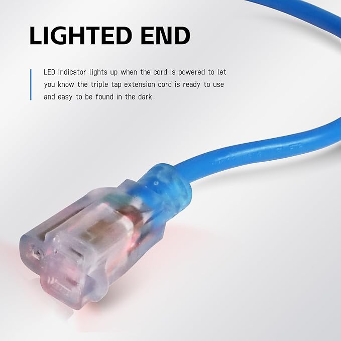 EP 3 Ft Outdoor Extension Cord, 12/3 SJTW Heavy Duty Waterproof Power Cable, 3 Prong Grounded Plug, Lighted End, for Lawn, Garden, Appliances, Blue
