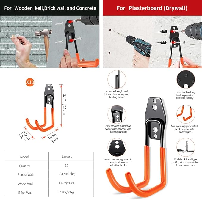 3-H Garage Wall Hooks 10 Pack,Garage Hooks Heavy Duty,Garage Storage Hooks for Hanging and Organizing Garden,Lawn,Yard Tools,Chairs,Ladders,Weed Eater,Shovel,Blower(Orange)