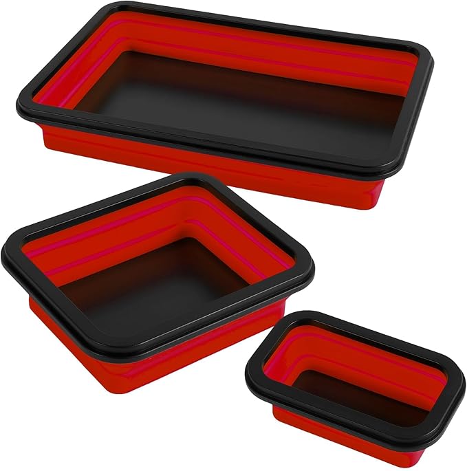 Collapsible Magnetic Parts Tray Set of 3 Different Size, Foldable Silicone Tool Trays for Screws, Bolts, Nuts and Other Small Metal Parts (Red)