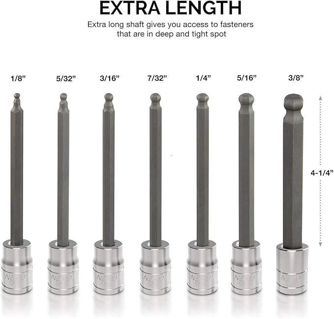 Neiko 10072A 3/8-Inch Drive Extra Long Allen Hex Bit Socket Set, SAE, 1/8-Inch - 3/8-Inch | S2 and Cr-V Steel, 7-Piece Set