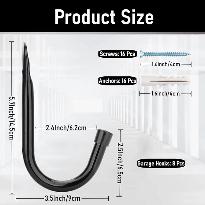 Heavy Duty Garage Storage Hooks, 3.4Inch J Utility Garage Wall Hooks for Hanging, 8 Pack Wall Mounted Hanging Hooks