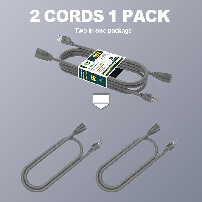 EP 2 Pack 6 Ft Outdoor Extension Cord, 16/3 SJTW Heavy Duty Power Cord, 3 Prong Grounded Plug, Waterproof, Cold-Resistant, 13A 1625W, Ideal for Indoor, Garden, Lawn, and Home Use Gray