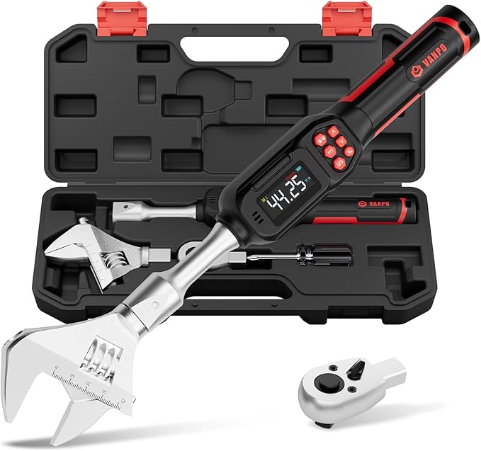 VANPO Adjustable Digital Torque Wrench, 2.2-44.3 Ft.lb/3-60Nm, ±2% Accuracy, HVAC Torque Wrench with Interchangeable 42mm Jaw & 3/8" Ratchet Head, Buzzer, Vibration and LED Alert for Split AC, Moto