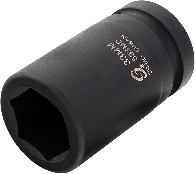 SUNEX TOOLS 533MD, 1 Inch Drive, 33mm Deep Impact Socket, Cr-Mo Steel, Radius Corner Design, Chamfered Opening, Dual Size Markings