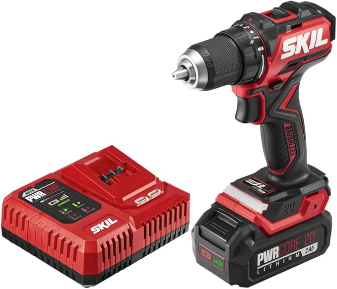 SKIL PWR CORE 20 Brushless 20V Compact Variable-Speed Drill Driver Kit with 1/2-Inch Single-Sleeve, Keyless Ratcheting Chuck & LED Worklight, Includes 2.0Ah Battery and PWR Jump Charger - DL6293B-10