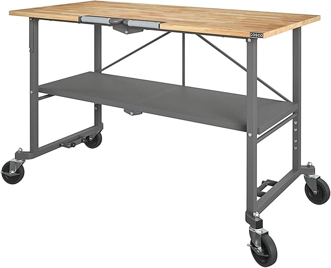 COSCO SmartFold Butcher Block Portable Workbench/Folding Utility Table (Gray Steel Frame)
