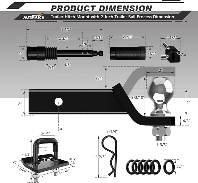 AUTMATCH Trailer Hitch Ball Mount with 2 Inch Hitch Ball - Fits 2" Receiver and 2-Inch Drop Tow Hitch, 8000Lbs Capacity Ball Hitch, Hitch Tightener with 5/8" Anti-Theft Hitch Lock Pin, Black