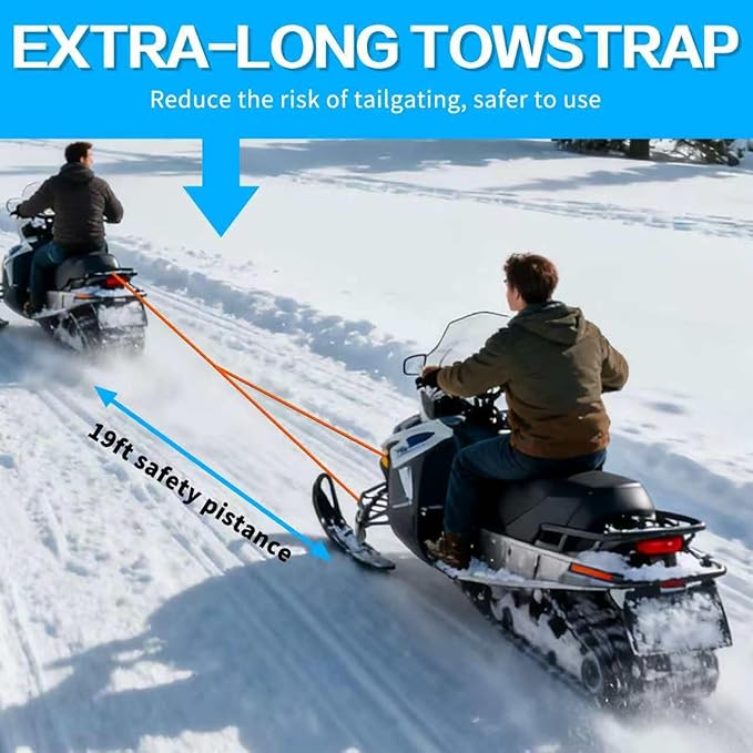 19 Ft Long Snowmobile Tow Straps Snowmobile Accessories with 2 Locking Carabiners Clips, Heavy Duty 4400lbs Break Strength Tow Strap kit for ATV, Skidoo, Ski, Sled