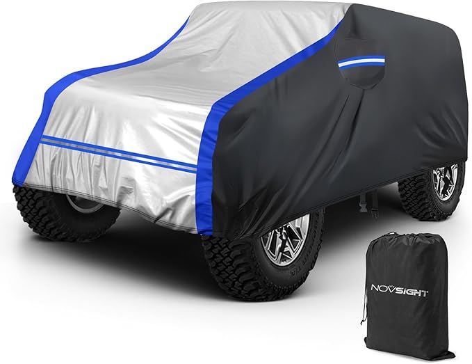 NOVSIGHT Car Cover for Jeep Wrangler 2 Door (2007–2025 JK JKU JL JLU), Waterproof All Weather Outdoor Cover, 6-Layer Heavy Duty, 60 MPH Windproof Straps, Reflective Strips, Soft Lining