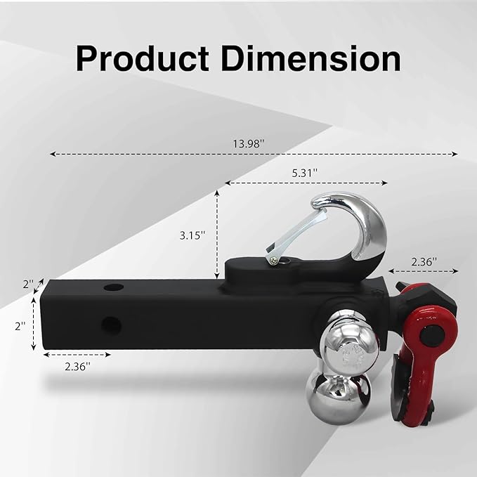 Trailer Hitch Ball Mount with Tow Shackle and Hook, Heavy Duty Hitch Mount with 2-5/16", 2", 1-7/8" Ball Fits 2Inch Hitch Receiver for Heavy Duty Trucks, SUVs, and Cars