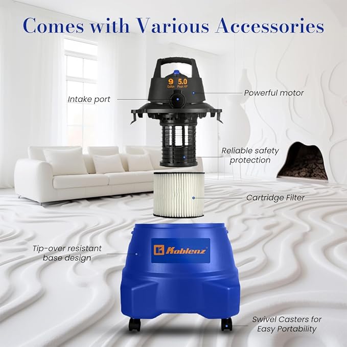 Koblenz Wet Dry Vacuum Cleaner, 9.0 Gallon Tank, 5.0 HP Powerful Vacuum for Dry and Wet Messes, Vacuum Cleaner and Blower, Accessories Included, Black+Blue (WD-9 L212)
