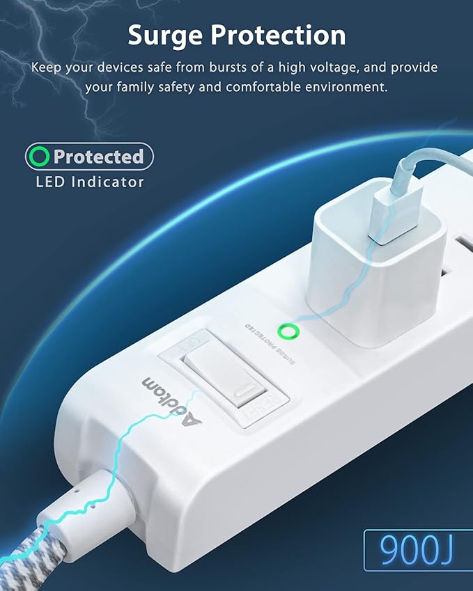 6Ft Power Strip Surge Protector, Flat Extension Cord - Outlet Extender with 2 USB C 5 Wildely AC Outlets, Flat Plug, Desktop Charging Station for College Dorm Room Essentials, White
