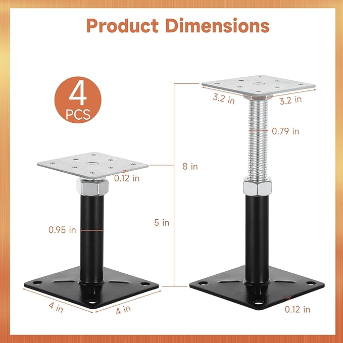 4 PCS Adjustable Floor Jacks, Heavy Duty Metal Post Floor Support, 5 to 8 Inches Mini Screw House Jack, Deck Foundation Lift Support, Level Support Floor Straightener for Balcony Patio Courtyard