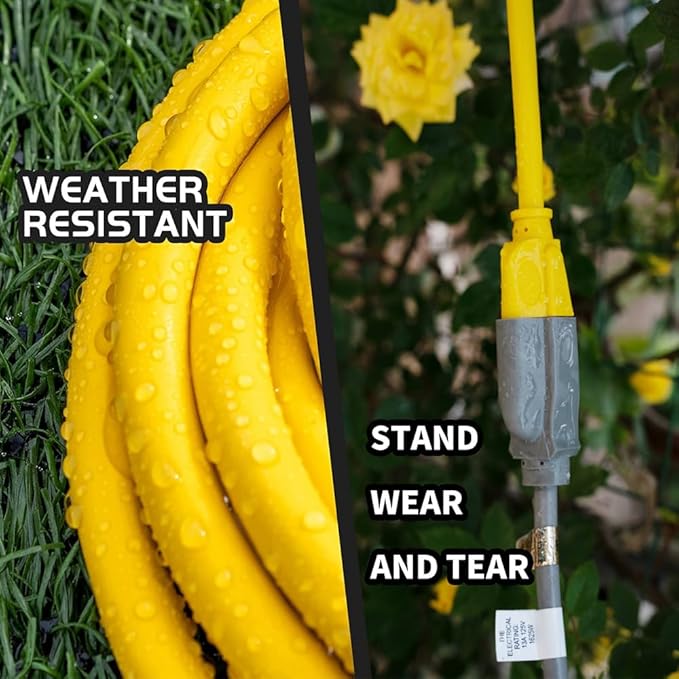 Indoor Outdoor Extension Cord Weatherproof, UL Certified, 12 Gauge 10FT Yellow 3 Prong Heavy Duty, 12/3 SJTW 15A Power Cord for Outdoor Lights, Appliances, Lawn