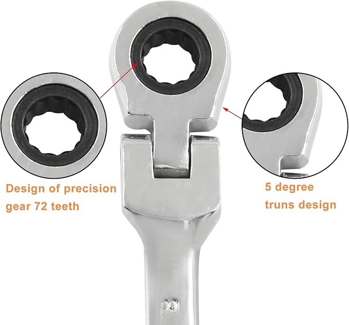 Piutouyar 8mm Flex-Head Ratcheting Wrench, Professional Metric Ratchet Wrench Combination Wrench Box Ended Spanner Tool for Projects Repair(5° Movement and 72 Teeth 12 Point, CR-V)