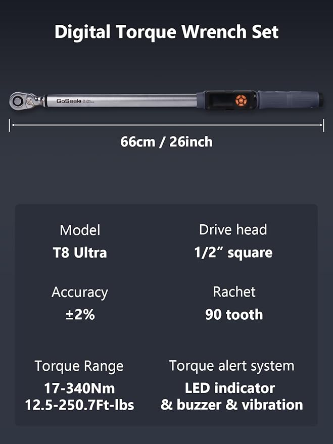 Goseek Upgraded Rechargeable Digital Torque Wrench, 12.5-250.7Ft-lbs/17-340Nm, 1/2'' Drive Electric Torque Wrench Set with Buzzer & LED & Vibration for Car Motor Tires Auto Repair