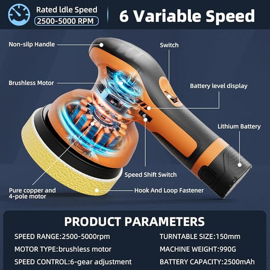GLEX Electric Cordless Car Polisher, Portable Polisher with Polishing Pad Kit, Durable, Brand Car Cordless Polisher, for Car Detailing Waxing, Boat Sanding, Scratch Removal, Mirror Polishing.