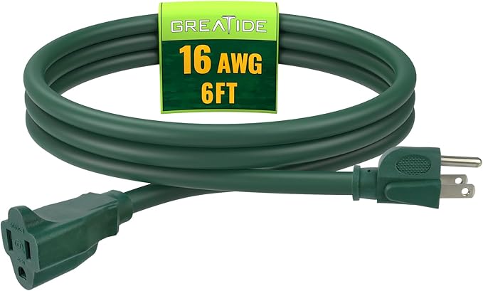 Indoor Outdoor Extension Cord 6 FT, 16/3 SJTW Weatherproof Green Electrical Cords, 13 AMP Heavy Duty 3 Prong Power Cable Great for Garden, Landscaping & Holiday Decorations