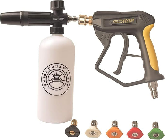 GDHXW Short Pressure Washer Gun with Quick Connection 5000PSI, Light Duty Foam Cannon Thick Foam Blaster, 5 Nozzle Tips,For Pressure Washer