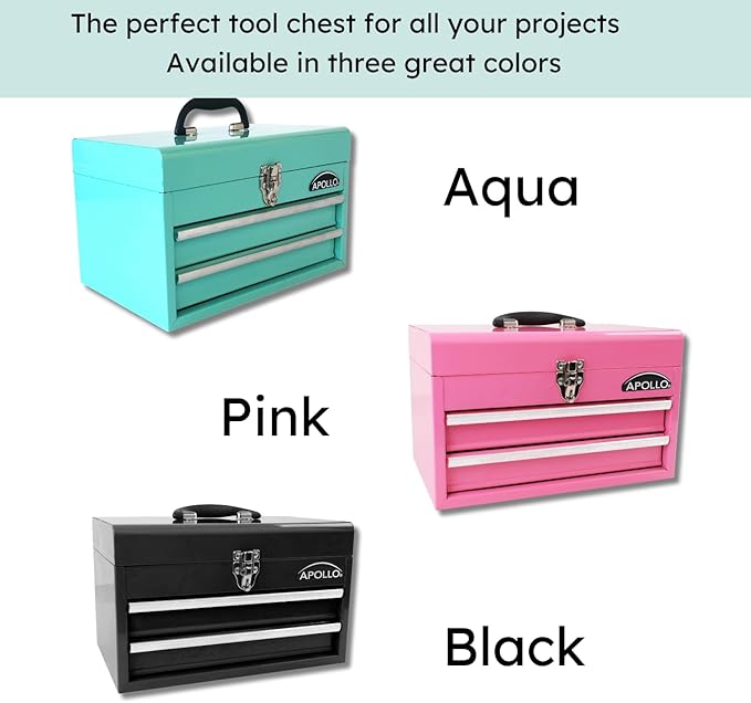 Apollo Tools 14 Inch Steel Tool Box with Deep Top Compartment and 2 Drawers in Heavy-Duty Steel With Ball Bearing Opening and Powder Coated Finish - Aqua Green - DT5010-GR