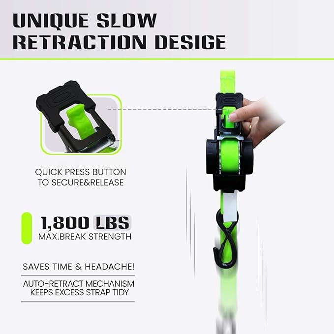 Retractable Ratchet Straps (4-Pack) - Heavy Duty Auto Slow Retraction Tie Down Straps - 1 Inch x 13 Feet (1,800lb Break Strength) for Truck, Cargo Trailer, Motorcycle, ATV, UTV - Green