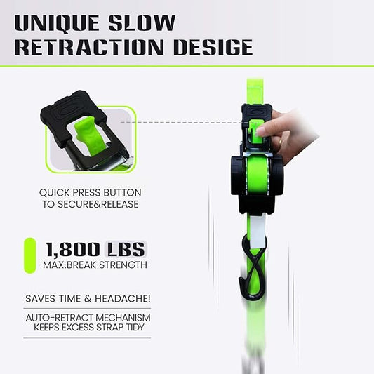 Retractable Ratchet Straps (4-Pack) - Heavy Duty Auto Slow Retraction Tie Down Straps - 1 Inch x 13 Feet (1,800lb Break Strength) for Truck, Cargo Trailer, Motorcycle, ATV, UTV - Green