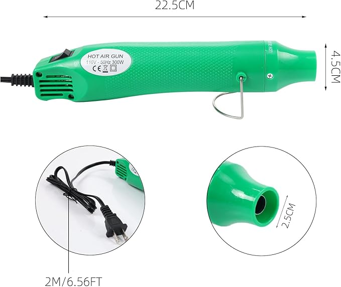 Heat Gun for Crafting, 110V 300W Handed Hot Air Gun, 3.28FT Ultra-Long Cable Portable Heat Gun with Stand and Power Cord for Shrinking Wrapping PVC, DIY Embossing and Drying Paint (Green)