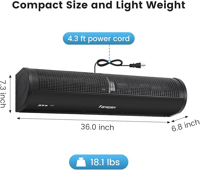 Fanspex 36" Wall Mounted Air Curtain, 2-Speed Commercial Over Door Fan for Home Garage Shop Restaurant, 120W Low Consumption with Magnetic Door Switch (Black)